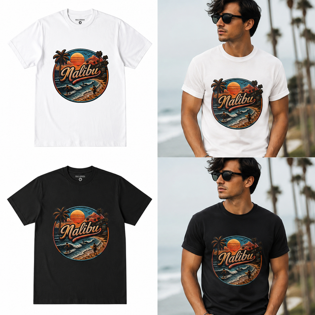 Malibu Sunset Graphic T-Shirt | Vintage California Beach Surf Tee | Premium Unisex Cotton Shirt