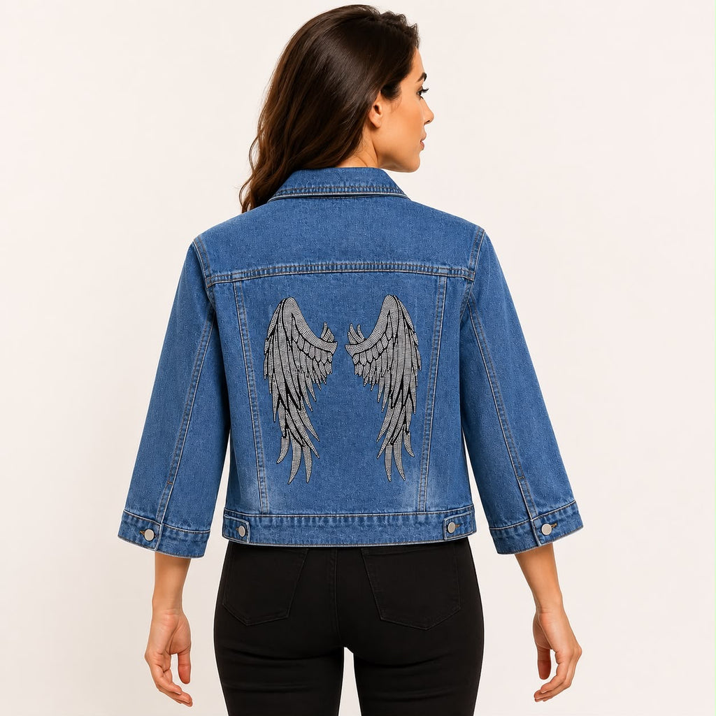 Rhinestone Angel Wings Denim Jacket, Blue Jean Jacket, Sparkly Statement Jacket, Cropped 3/4 Sleeve Fashion Outerwear