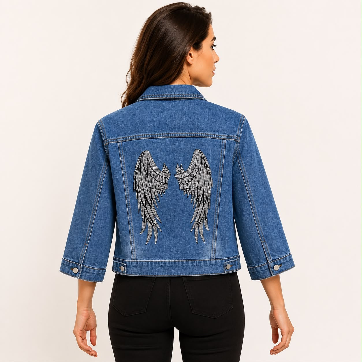 Rhinestone Angel Wings Denim Jacket, Blue Jean Jacket, Sparkly Statement Jacket, Cropped 3/4 Sleeve Fashion Outerwear