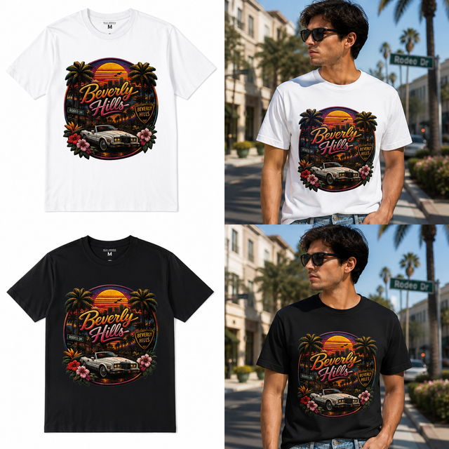 Beverly Hills Sunset Graphic T-Shirt | Vintage California Tourist Tee | Unisex Premium Cotton Shirt
