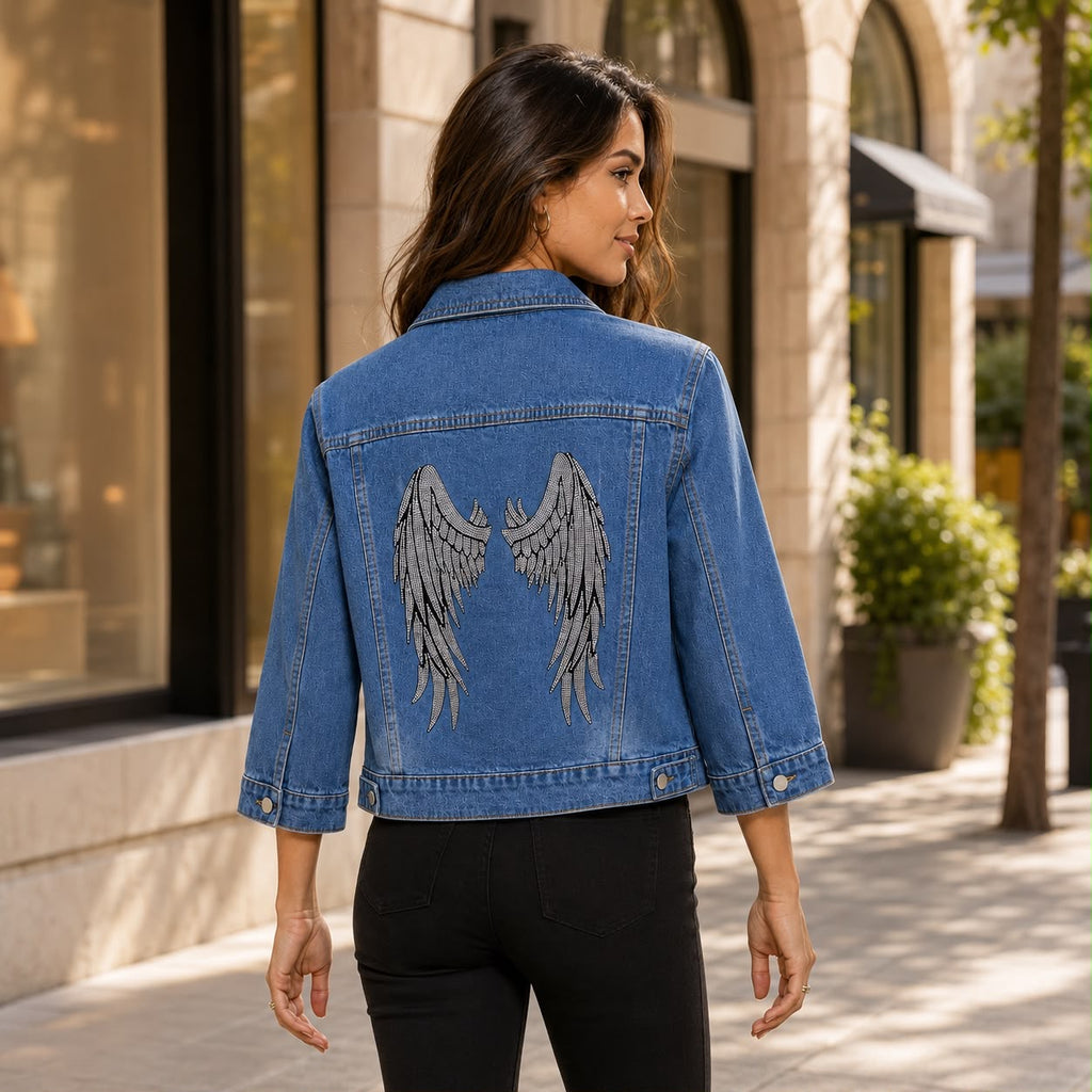 Rhinestone Angel Wings Denim Jacket, Blue Jean Jacket, Sparkly Statement Jacket, Cropped 3/4 Sleeve Fashion Outerwear
