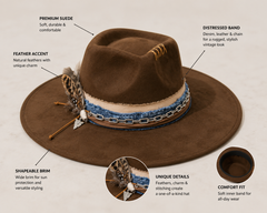 Brown Wide Brim Fedora Hat – Premium Suede Western Boho Hat with Feather, Denim & Chain