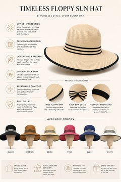 Women's Wide Brim Straw Sun Hat with Back Bow – Foldable UV Protection Beach Hat
