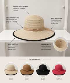 Women's Wide Brim Straw Sun Hat with Bow Ribbon – UV Protection Summer Beach Hat