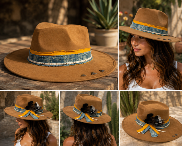 Wide Brim Fedora Hat – Premium Suede Western Boho Hat with Feather, Denim & Chain (Copy)