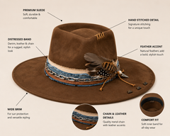 Wide Brim Fedora Hat – Premium Suede Western Boho Hat with Feather, Denim & Chain (Copy)