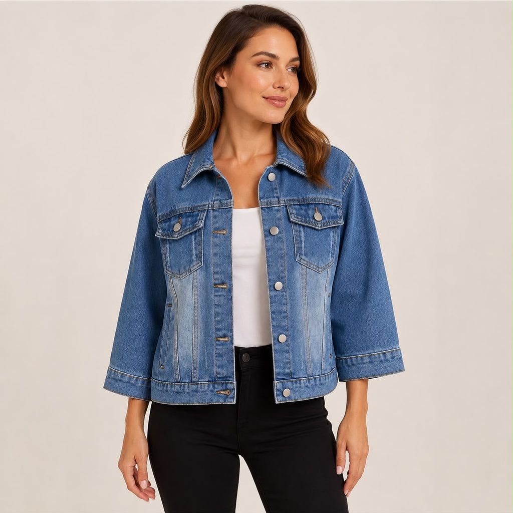 Rhinestone Angel Wings Denim Jacket, Blue Jean Jacket, Sparkly Statement Jacket, Cropped 3/4 Sleeve Fashion Outerwear