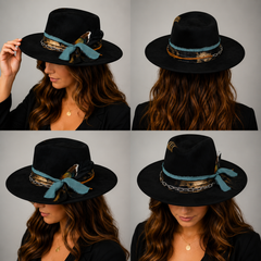Black Wide Brim Fedora Hat with Teal Ribbon, Feather & Chain Band - Handmade Western Boho Hat