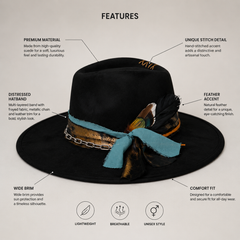 Black Wide Brim Fedora Hat with Teal Ribbon, Feather & Chain Band - Handmade Western Boho Hat