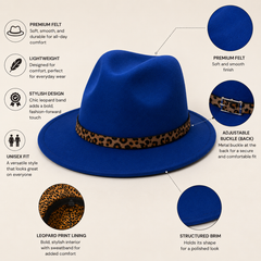 Royal Blue Velvet Wide Brim Fedora Hat with Leopard Print Band & Lining