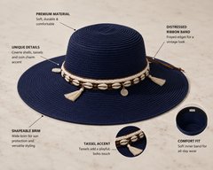 Navy Blue Wide Brim Straw Sun Hat with Cowrie Shell Band – Women's Boho Beach Hat