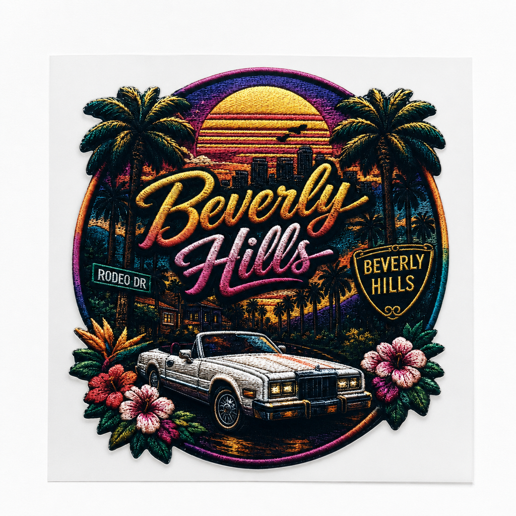Beverly Hills Retro Heat Transfer Decal – 29 x 27 cm Iron-On Graphic for Sweatshirts, Hoodies, T-Shirts & Tote Bags
