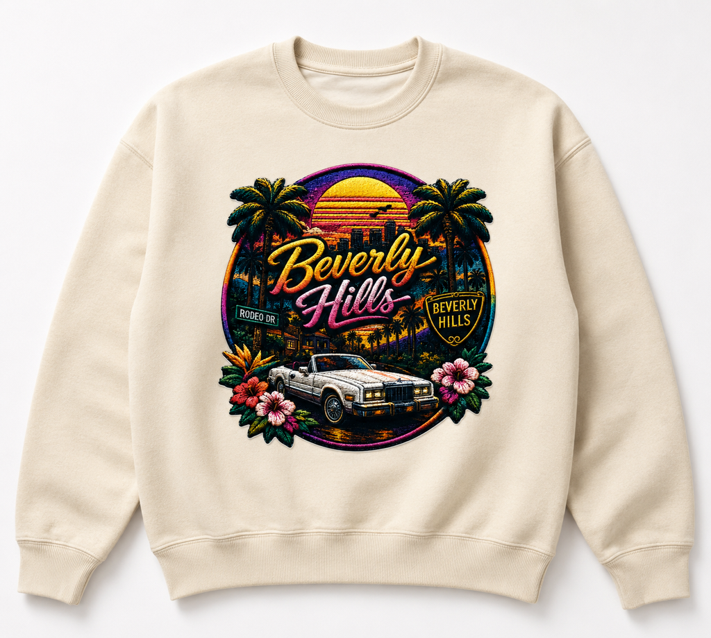 Beverly Hills Retro Heat Transfer Decal – 29 x 27 cm Iron-On Graphic for Sweatshirts, Hoodies, T-Shirts & Tote Bags