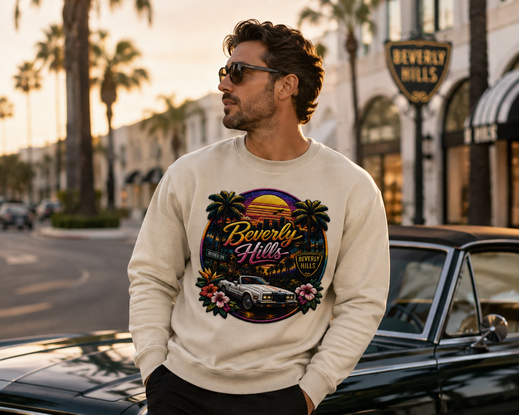Beverly Hills Retro Heat Transfer Decal – 29 x 27 cm Iron-On Graphic for Sweatshirts, Hoodies, T-Shirts & Tote Bags