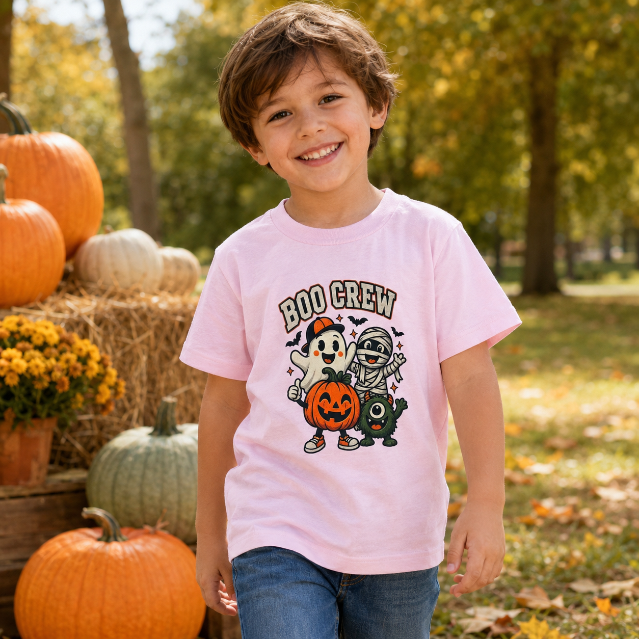Kids Boo Crew Halloween T-Shirt – Cute Pink Ghost, Mummy & Pumpkin Tee