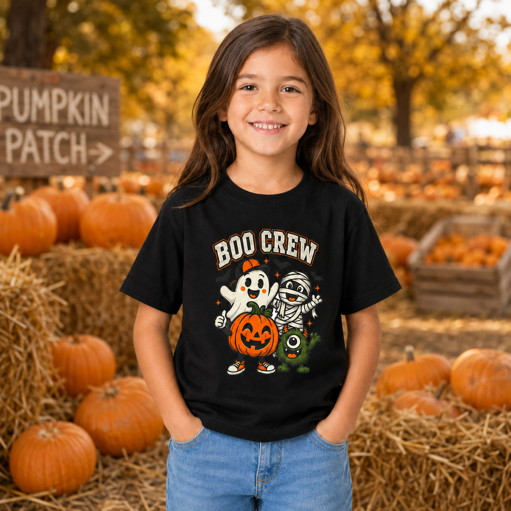 Kids Boo Crew Halloween T-Shirt – Cute Pink Ghost, Mummy & Pumpkin Tee