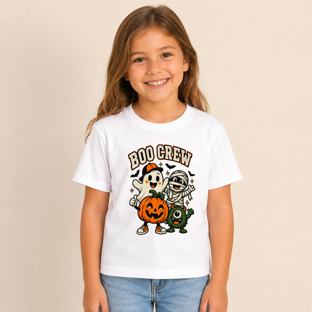 Kids Boo Crew Halloween T-Shirt – Cute Pink Ghost, Mummy & Pumpkin Tee
