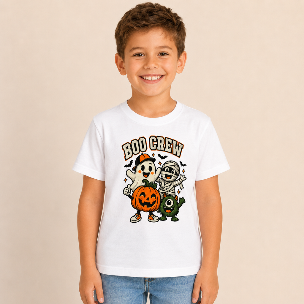 Kids Boo Crew Halloween T-Shirt – Cute Pink Ghost, Mummy & Pumpkin Tee