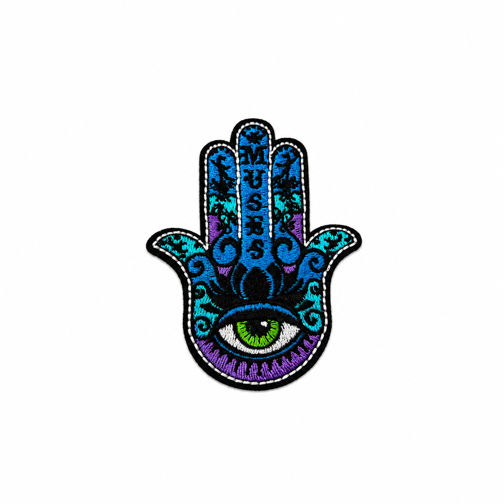 Hamsa Hand Evil Eye Embroidered Patch – Colorful Blue Purple Music Iron On Patch, Protective Eye Applique for Jackets Bags Backpacks