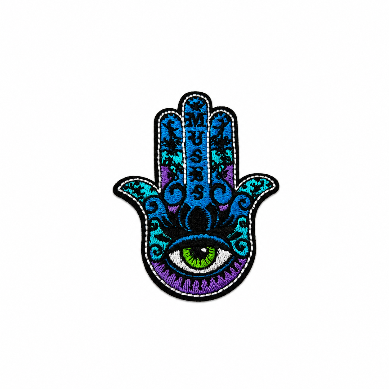 Hamsa Hand Evil Eye Embroidered Patch – Colorful Blue Purple Music Iron On Patch, Protective Eye Applique for Jackets Bags Backpacks