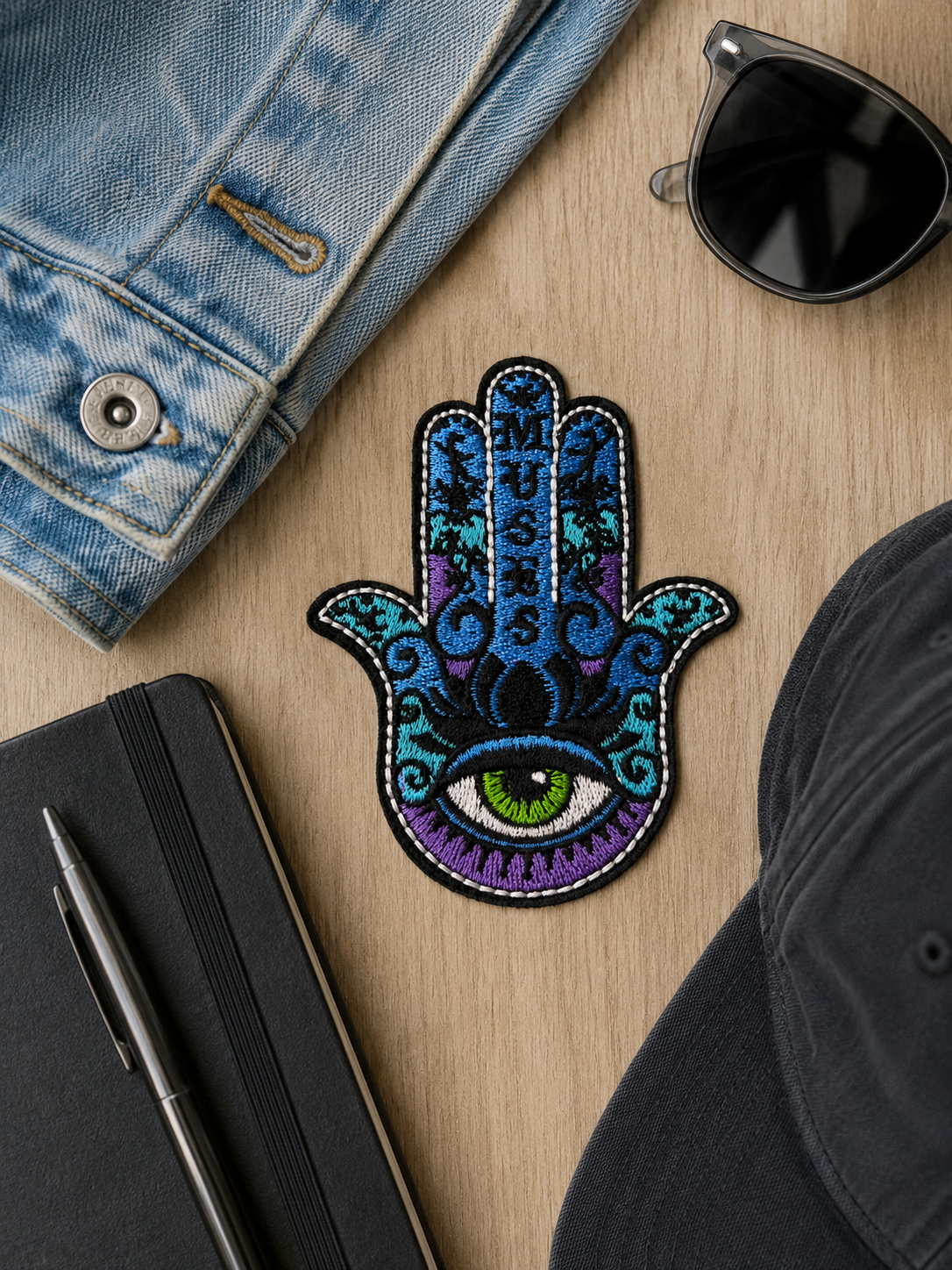 Hamsa Hand Evil Eye Embroidered Patch – Colorful Blue Purple Music Iron On Patch, Protective Eye Applique for Jackets Bags Backpacks