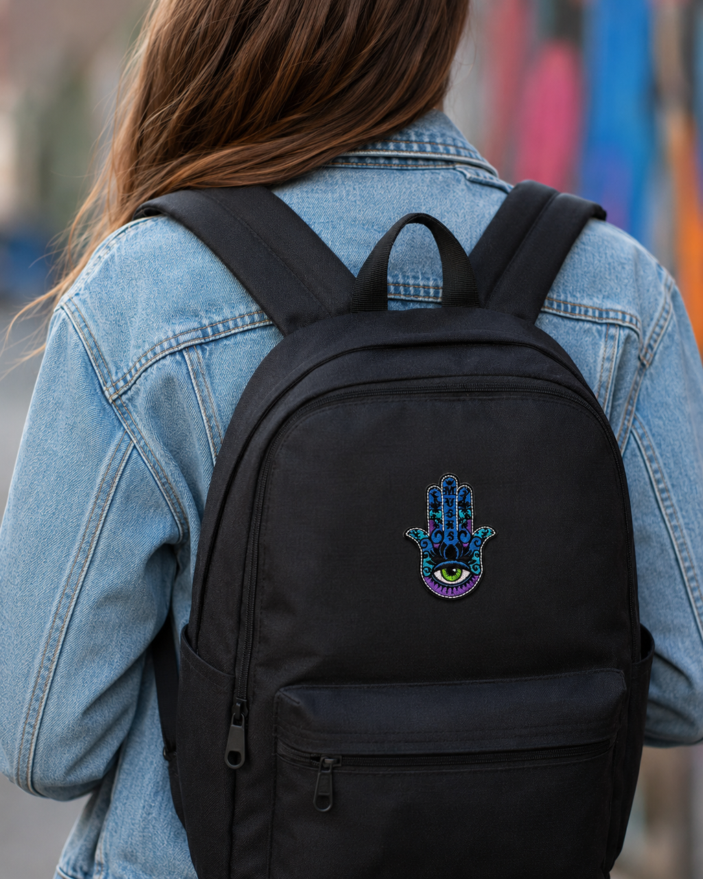 Hamsa Hand Evil Eye Embroidered Patch – Colorful Blue Purple Music Iron On Patch, Protective Eye Applique for Jackets Bags Backpacks