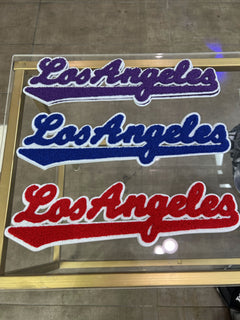 Los Angeles script chenille patch in purple, navy, and red
