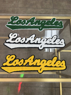 Los Angeles script chenille patch in green, white, and gold