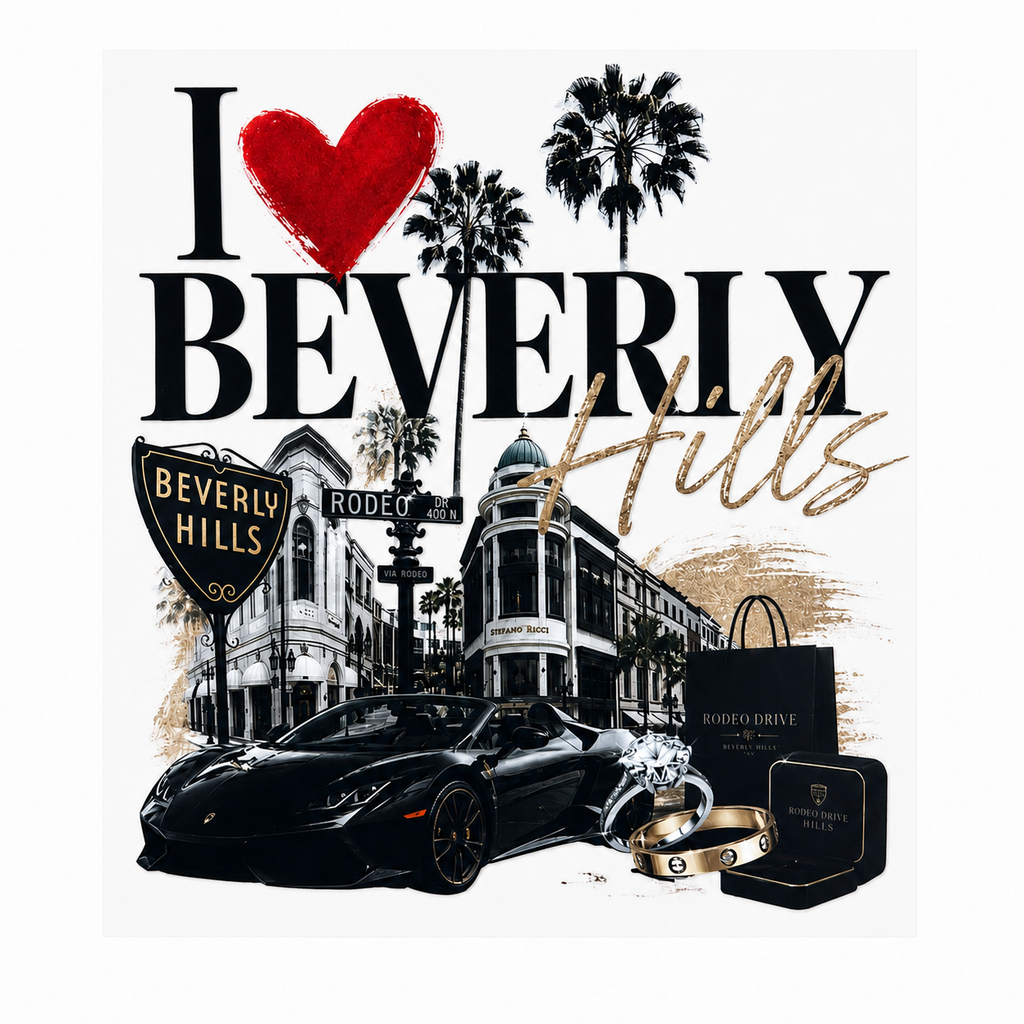 I Love Beverly Hills Heat Transfer Decal – Rodeo Drive Luxury California Graphic – Apparel & Tote Transfer