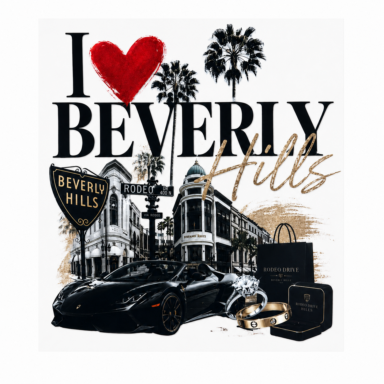 I Love Beverly Hills Heat Transfer Decal – Rodeo Drive Luxury California Graphic – Apparel & Tote Transfer