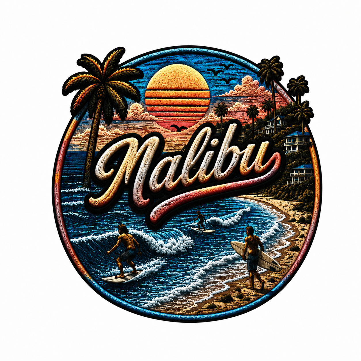 Malibu Beach Sunset Heat Transfer Decal – 27cm Retro Surf & Palm Tree Iron-On Transfer