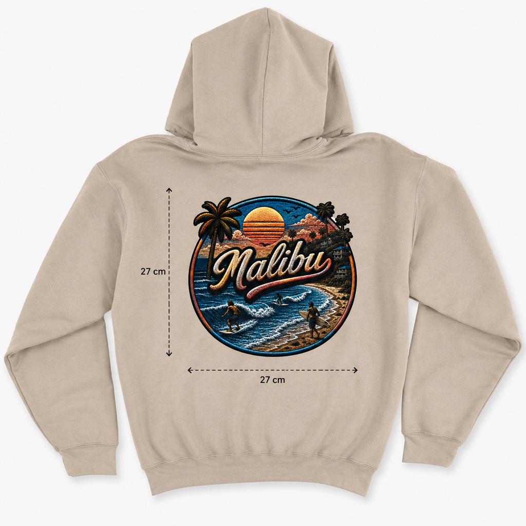 Malibu Beach Sunset Heat Transfer Decal – 27cm Retro Surf & Palm Tree Iron-On Transfer