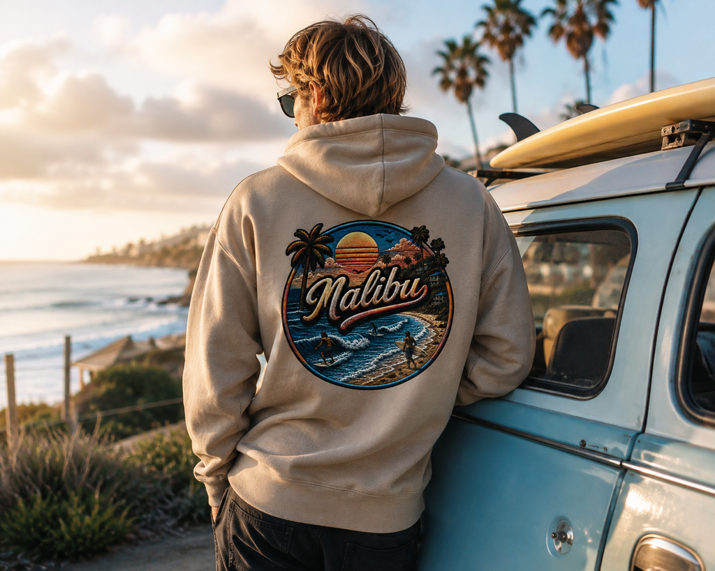 Malibu Beach Sunset Heat Transfer Decal – 27cm Retro Surf & Palm Tree Iron-On Transfer