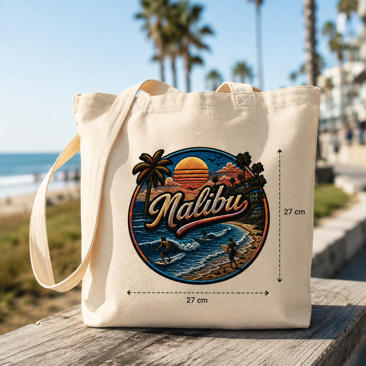 Malibu Beach Sunset Heat Transfer Decal – 27cm Retro Surf & Palm Tree Iron-On Transfer