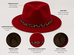 Red Velvet Wide Brim Fedora Hat with Leopard Print Band