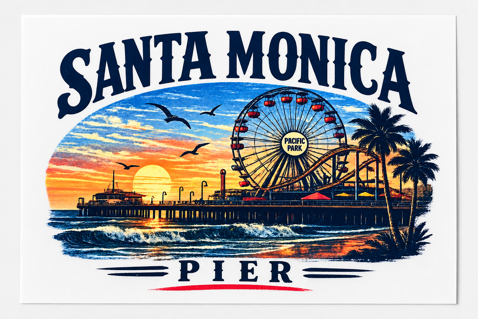 Santa Monica Pier Heat Transfer Decal – Vintage California Sunset Iron-On Transfer
