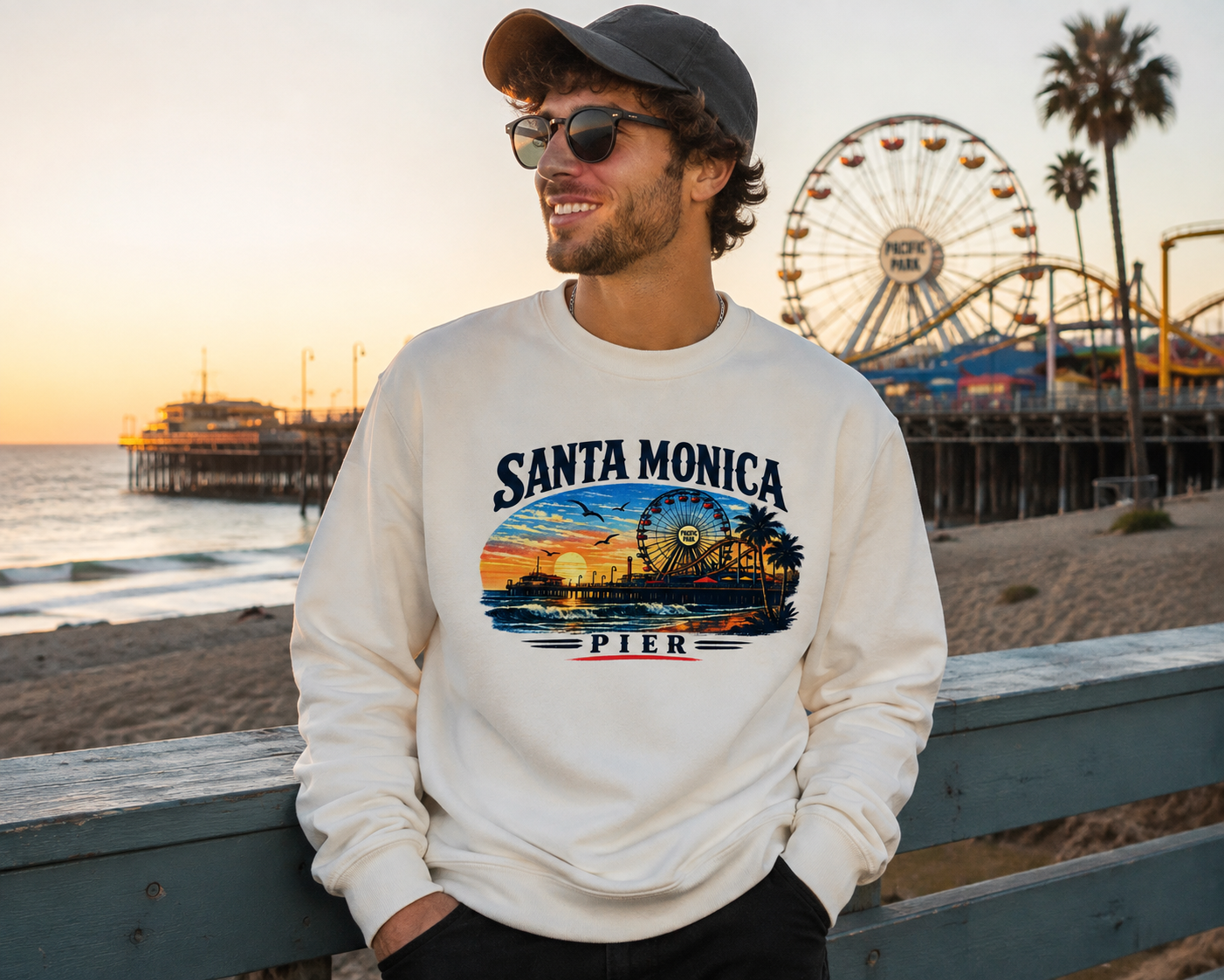 Santa Monica Pier Heat Transfer Decal – Vintage California Sunset Iron-On Transfer