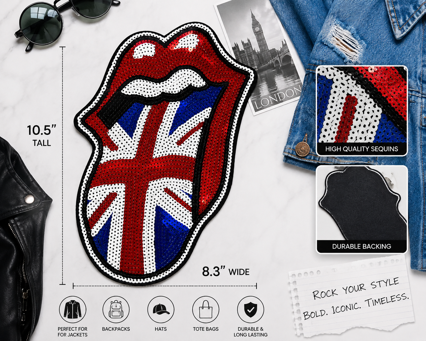 Large Sequin Union Jack Tongue Patch Red White Blue Rock Style Back Patch for Denim Jackets Vests Bags DIY Fashion