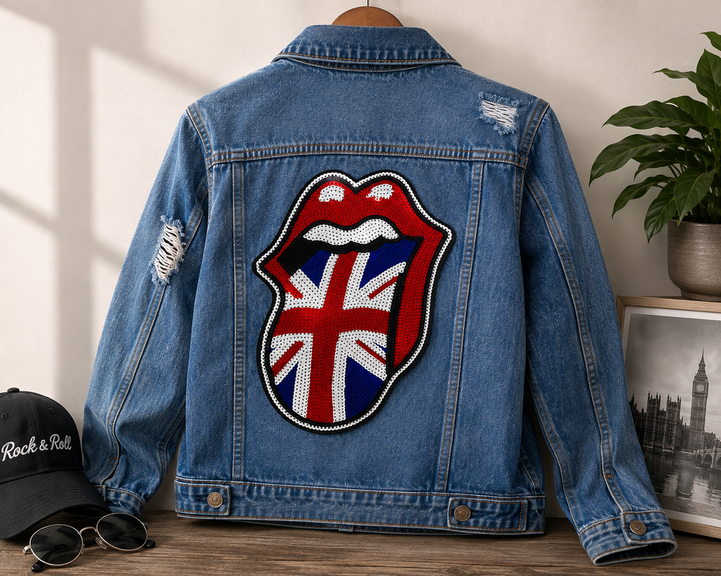 Large Sequin Union Jack Tongue Patch Red White Blue Rock Style Back Patch for Denim Jackets Vests Bags DIY Fashion