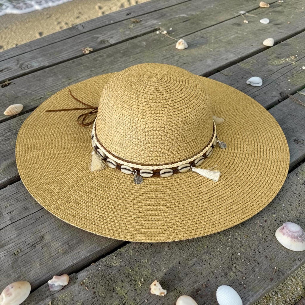 Boho Raffia Sun Hat, Wide Brim Straw Beach Hat, Cowrie Shell Band, Summer Vacation
