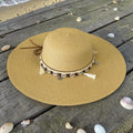 Boho Raffia Sun Hat, Wide Brim Straw Beach Hat, Cowrie Shell Band, Summer Vacation