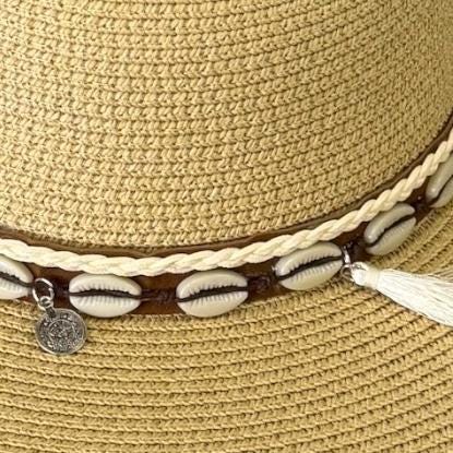 Boho Raffia Sun Hat, Wide Brim Straw Beach Hat, Cowrie Shell Band, Summer Vacation