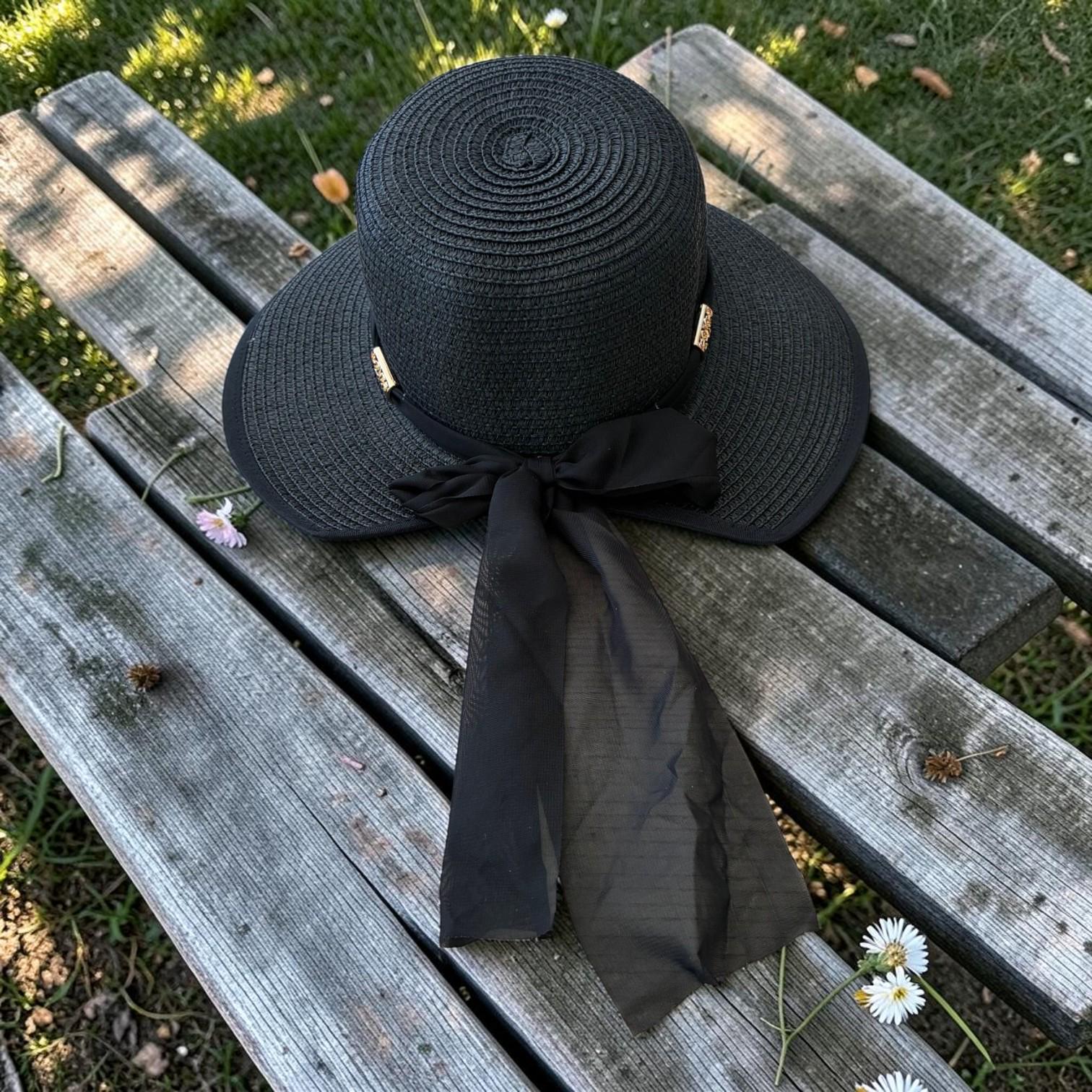 Wide Brim Straw Sun Hat – Floppy Raffia Beach Hat with Bow (Black)