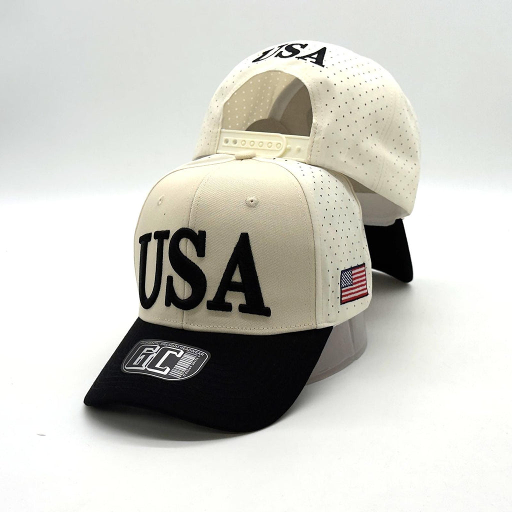 USA Embroidered Snapback Hat | Cream Black American Flag Cap, Breathable Performance Baseball Style