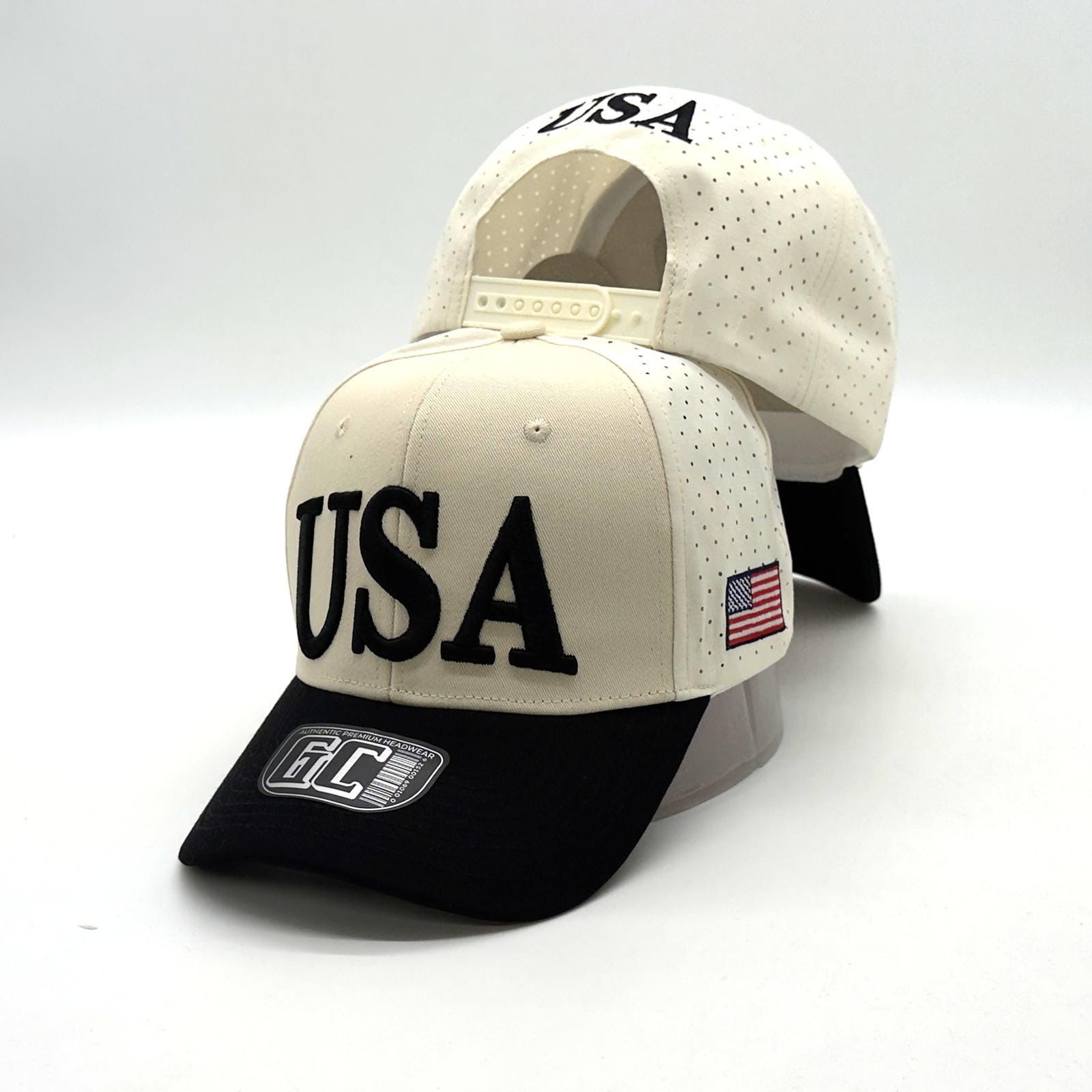 USA Embroidered Snapback Hat | Cream Black American Flag Cap, Breathable Performance Baseball Style
