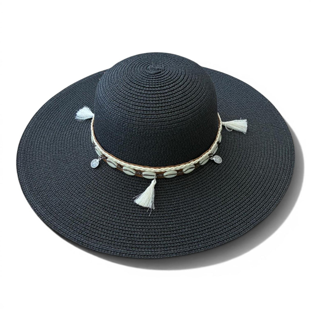 Boho Wide Brim Sun Hat with Shell Tassels | Beach Straw Vacation Accessory