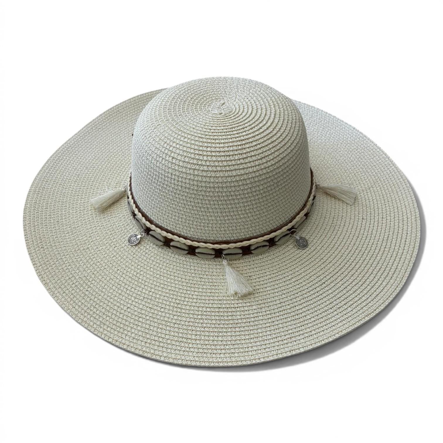 Boho Wide Brim Straw Hat with Shell Tassels | Beach Vacation Sun Hat