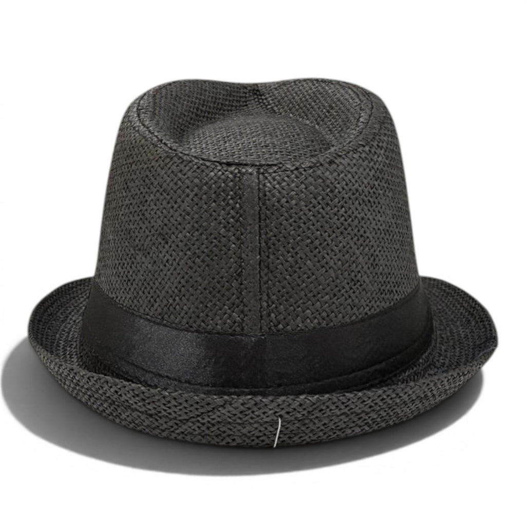 Black Straw Fedora Hat | Lightweight Trilby, Wide Brim, Unisex Summer Vacation Accessory