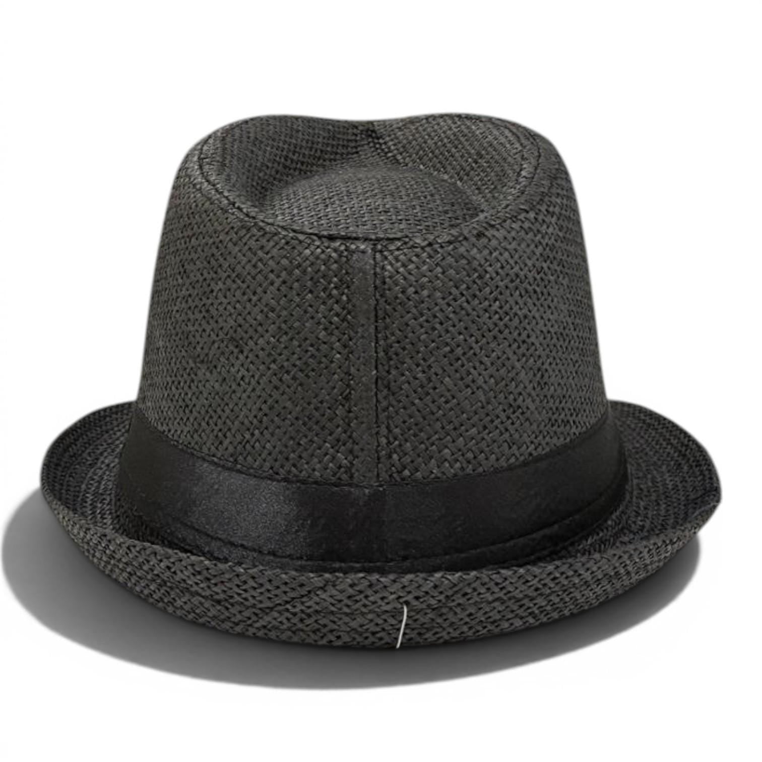 Black Straw Fedora Hat | Lightweight Trilby, Wide Brim, Unisex Summer Vacation Accessory