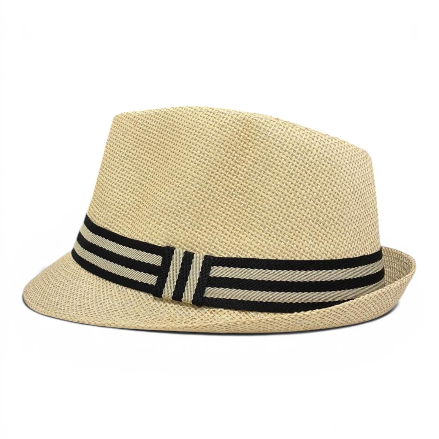 Natural Straw Fedora Hat | Unisex Summer Trilby with Black Stripe Band